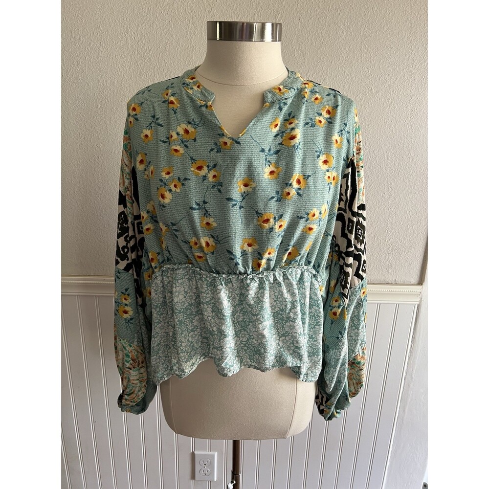 Oli & Hali 3/4 Sleeve High Low Blouse Top Patchwork Boho Mixed Print Flowy M